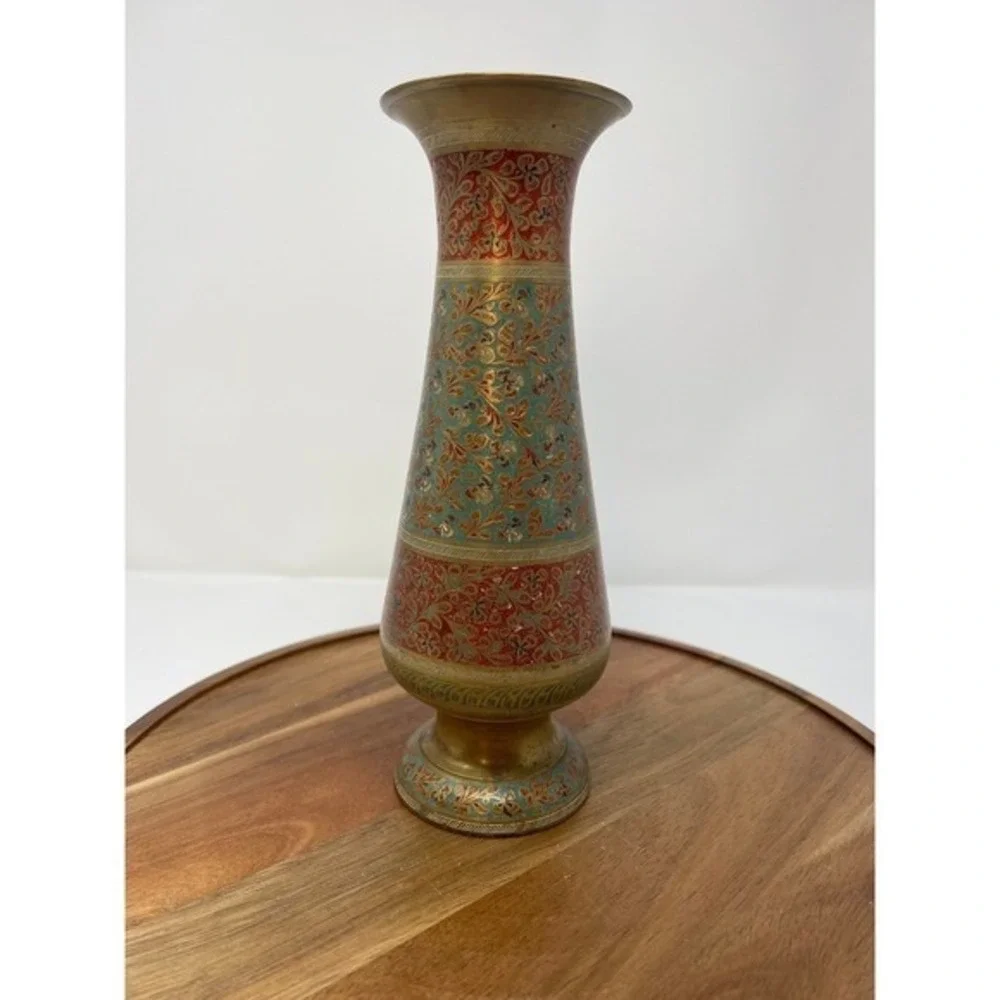 Vintage Brass Enamel Vase Red Teal‎ Floral Embossed Decorative Accent